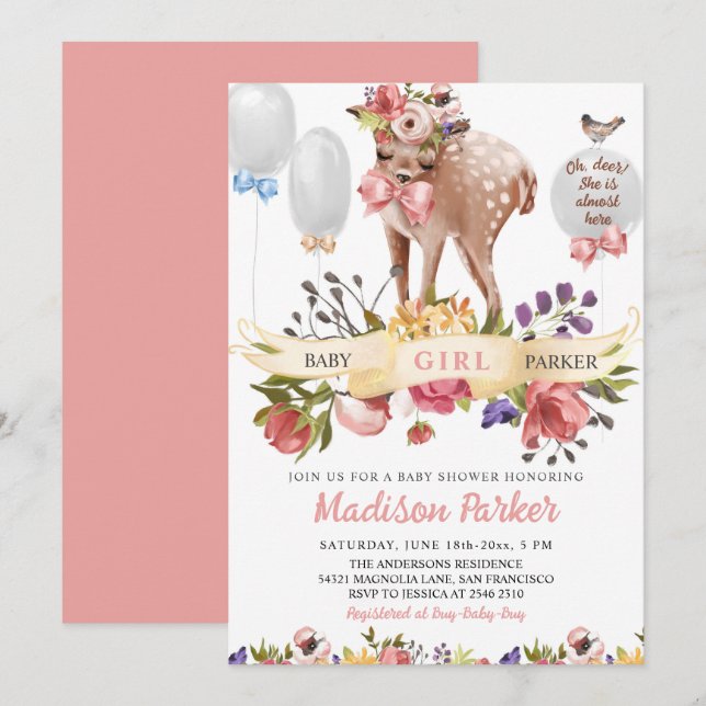 Cute Floral Deer Baby Shower Invitation (Front/Back)