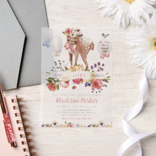 Cute Floral Deer Baby Shower Vellum Invitations