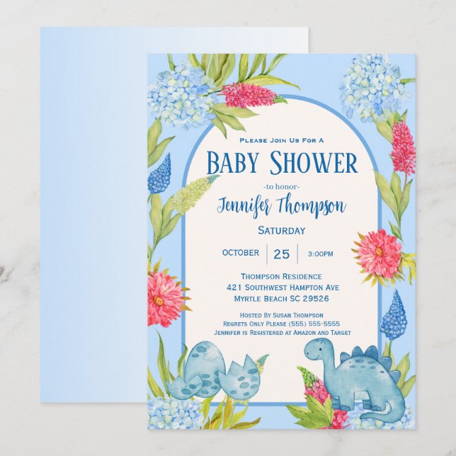 Cute Floral Dino Mum Egg Baby Shower Invitation (Front/Back)