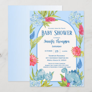 Cute Floral Dino Mum Egg Baby Shower Invitation