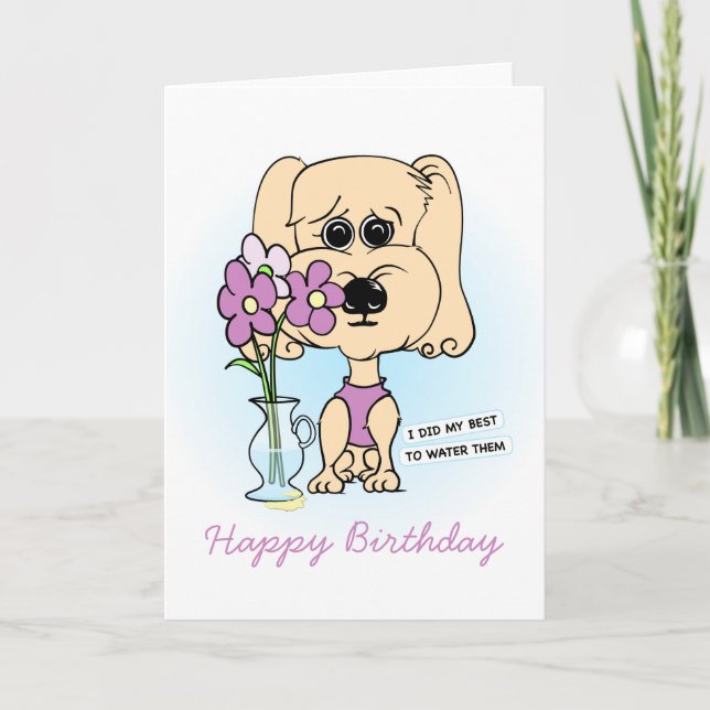 Cute Floral Dog Novelty Cartoon Birthday Card (Front)