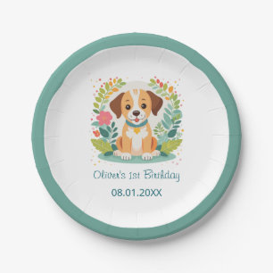 Cute Floral Dog Puppy Kids Birthday Party Paper Plate