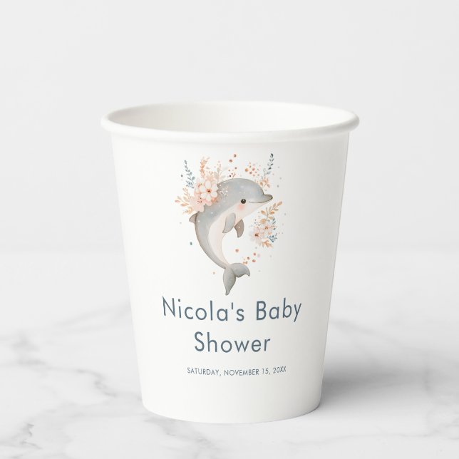 Cute Floral Dolphin Baby Shower Paper Cups (Back)