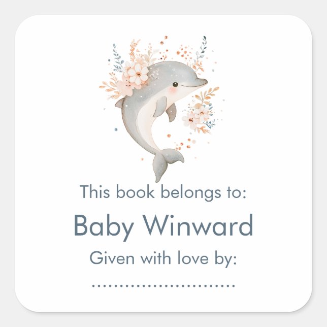 Cute Floral Dolphin Baby Shower Square Sticker (Front)