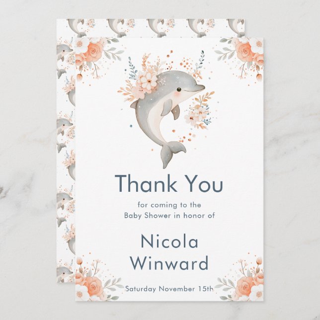 Cute Floral Dolphin Baby Shower  Thank You Card (Front/Back)