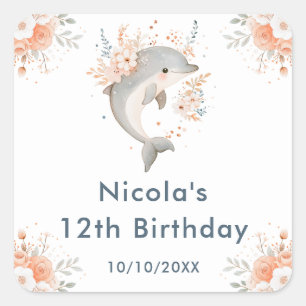 Cute Floral Dolphin Birthday Party Square Sticker