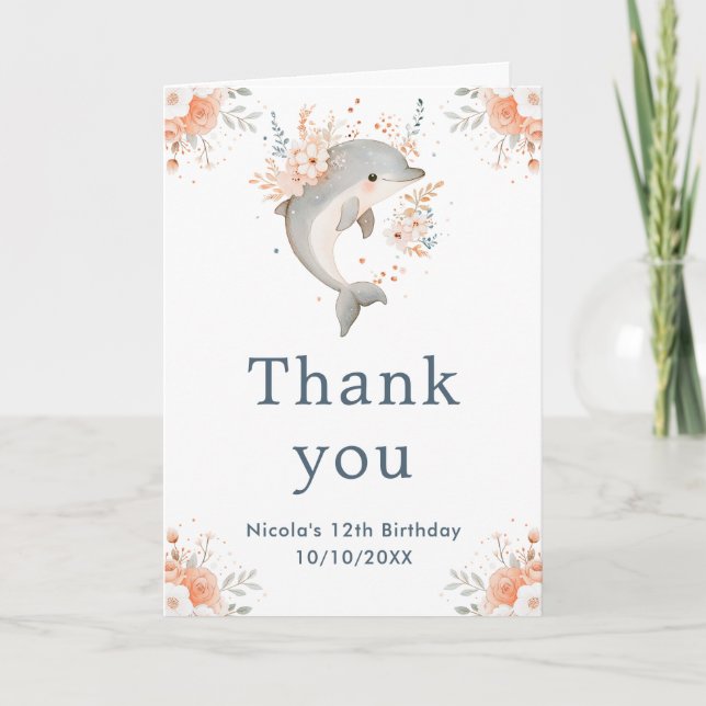 Cute Floral Dolphin Birthday Party Thank You Card (Front)