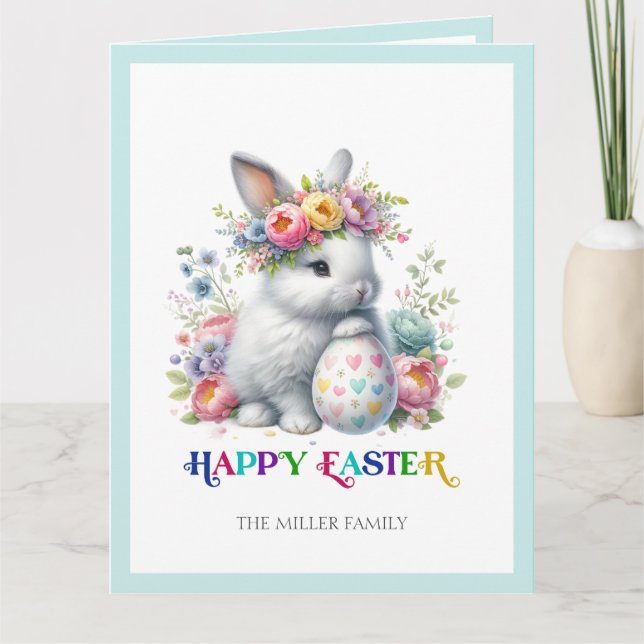 Cute Floral Easter Bunny Colourful Happy Easter Card (Front)