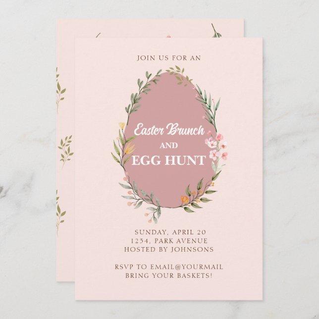 Cute Floral Egg Easter Brunch Egg Hunt Invitation (Front/Back)