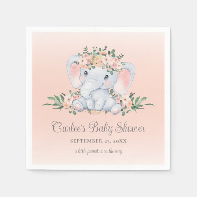 Cute Floral Elephant Baby Girl Baby Shower Napkin (Front)