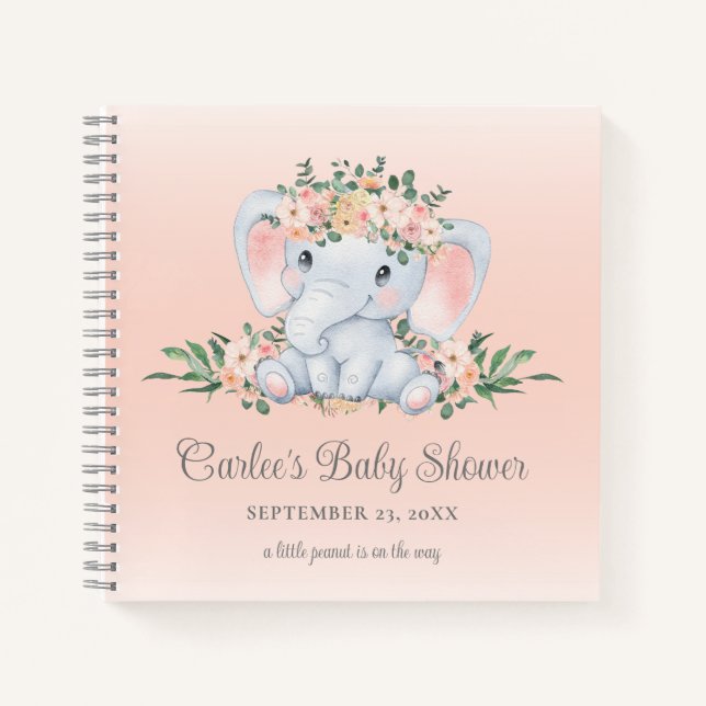 Cute Floral Elephant Baby Girl Baby Shower Notebook (Front)