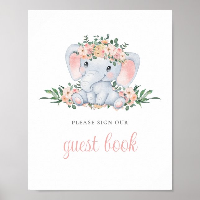 Cute Floral Elephant Baby Shower Guest Book Sign (Front)