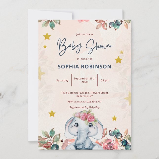 Cute Floral Elephant Baby Shower Invitation (Front)