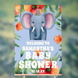 Cute Floral Elephant Blue Baby Shower Welcome Acrylic Sign