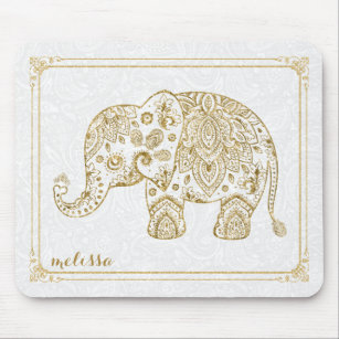Cute Floral Elephant & Frame Gold Glitter On White Mouse Mat