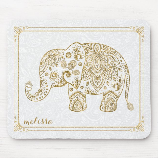 Cute Floral Elephant & Frame Gold Glitter On White Mouse Mat (Front)