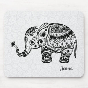 Cute Floral Elephant In Black Mouse Mat