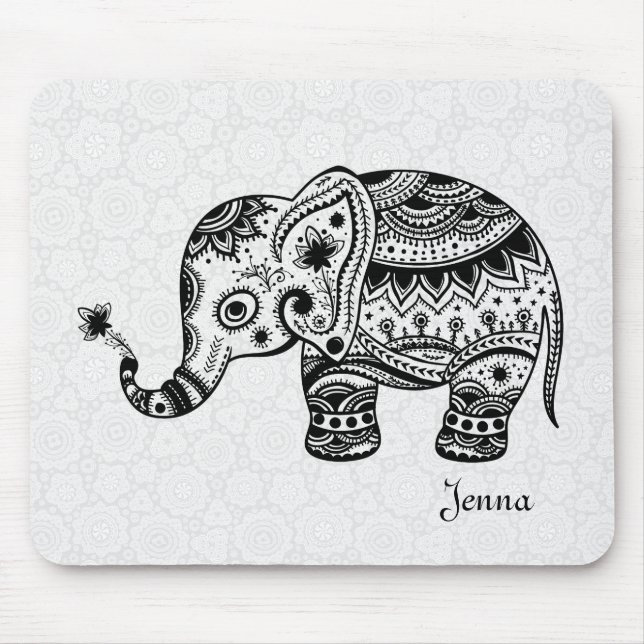 Cute Floral Elephant In Black Mouse Mat (Front)