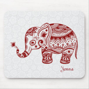 Cute Floral Elephant In Burgundy Red Mouse Mat