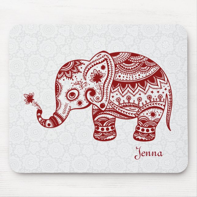 Cute Floral Elephant In Burgundy Red Mouse Mat (Front)