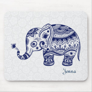 Cute Floral Elephant In Navy Blue Mouse Mat