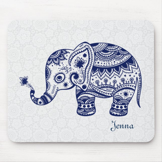 Cute Floral Elephant In Navy Blue Mouse Mat (Front)