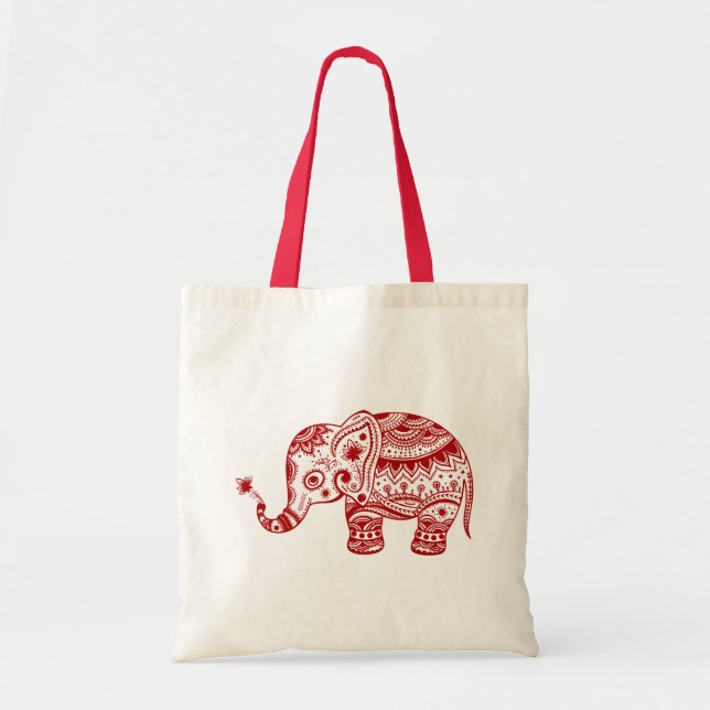 Cute Floral Elephant In Red Tote Bag (Front)
