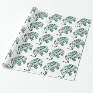 Cute Floral Elephant In White Forest Green Wrapping Paper