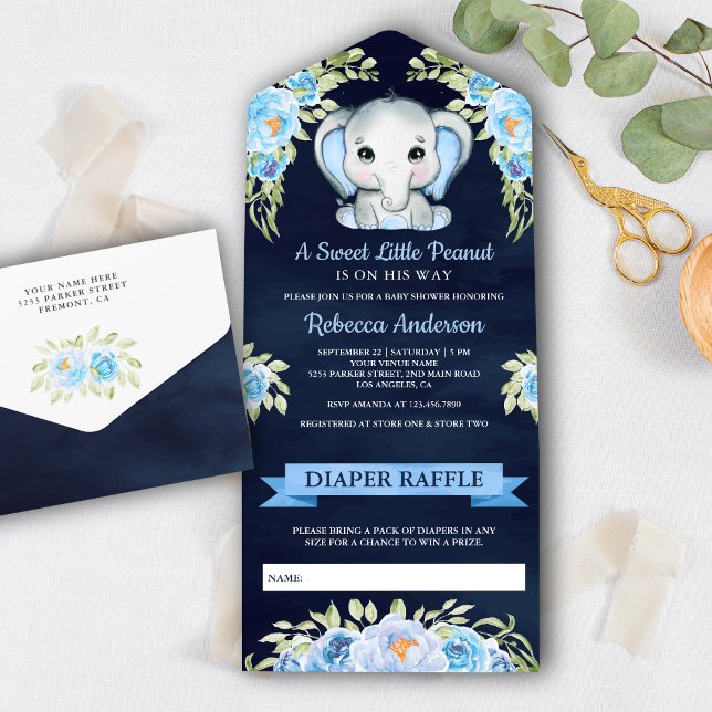 Cute Floral Elephant Navy Blue Baby Shower All In One Invitation (Creator Uploaded)