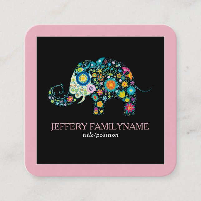 Cute Floral Elephant On Black Pink Border Square Business Card (Front)