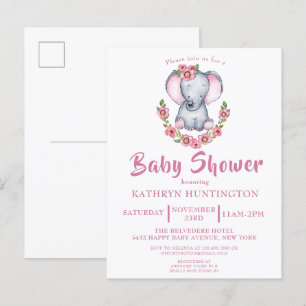 Cute Floral Elephant Pink Baby Shower Invitation P