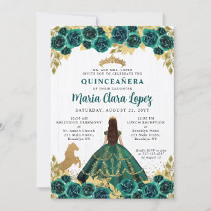 Cute Floral Emerald Green Horse Charra Quinceanera Invitation