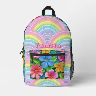 Cute Floral Fantasy & Rainbow Whimsy Personalized  Printed Backpack