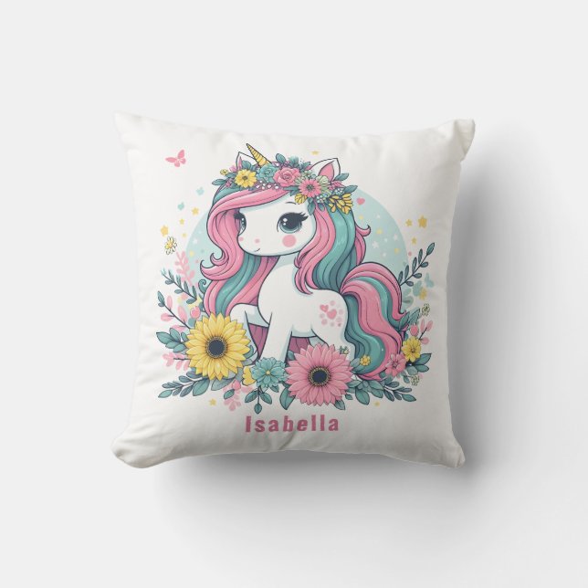 Cute Floral Fantasy Unicorn Girl's Enchanted World Cushion (Front)