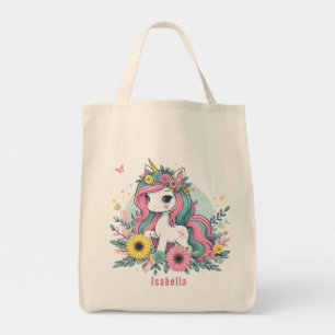 Cute Floral Fantasy Unicorn Girl's Enchanted World Tote Bag