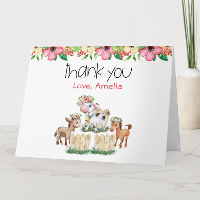Cute Floral Farm Animals Folded Thank You Card (Front)