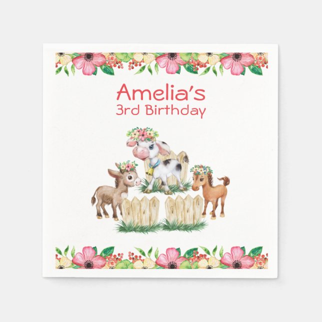 Cute Floral Farm Animals Girl Birthday Party Napkin (Front)