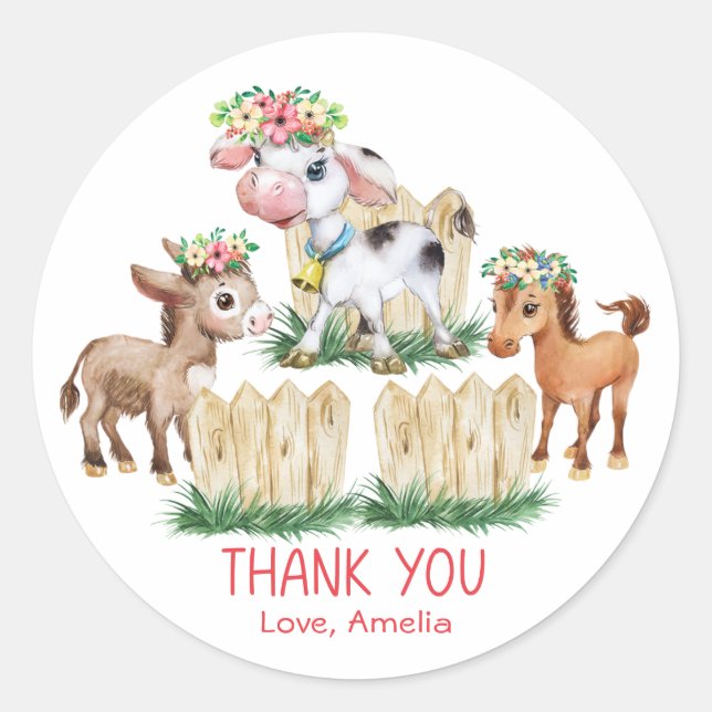 Cute Floral Farm Animals Thank You Classic Round Sticker (Front)