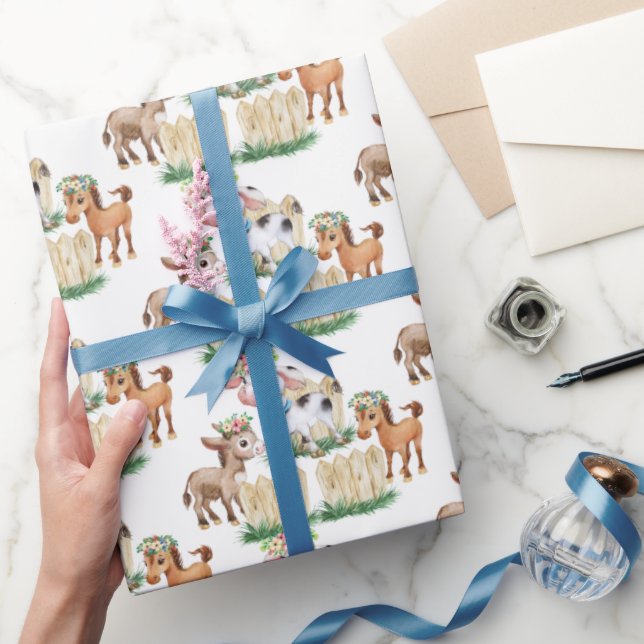 Cute Floral Farm Animals Wrapping Paper (Gifting)