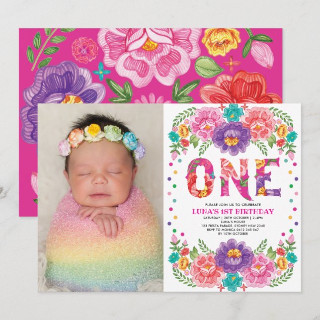 Cute Floral Fiesta Nacho Average 1st Birthday Invitation (Front/Back)