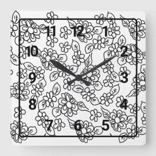 Cute floral flowers black and white square wall clock