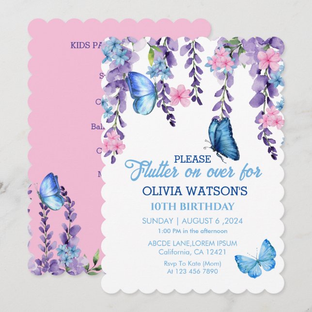 Cute Floral flutter on over Butterflies Birthday Invitation (Front/Back)
