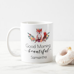 Cute Floral Fox Good Morning Script Personalised Coffee Mug