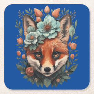 Cute floral fox square paper coaster