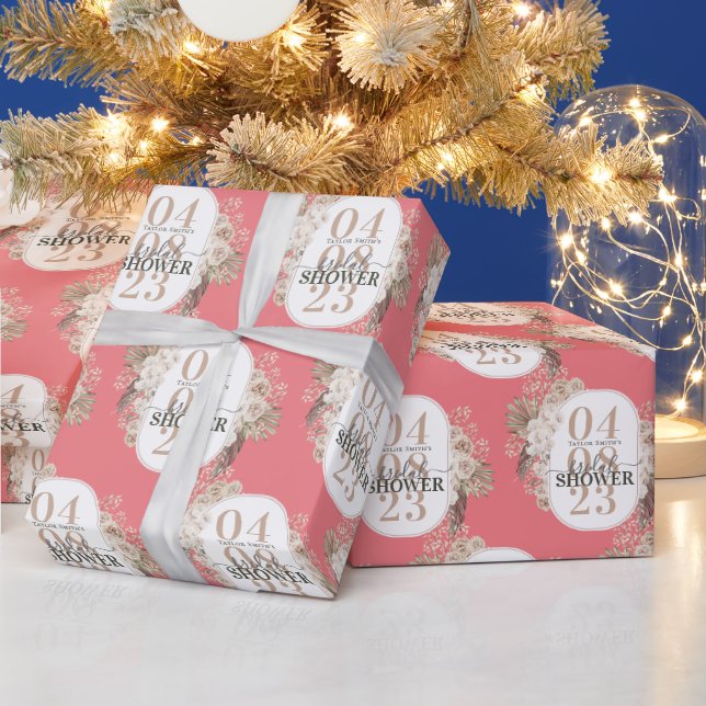 Cute Floral Frame Bridal Shower Personalised Pink Wrapping Paper (Holidays)