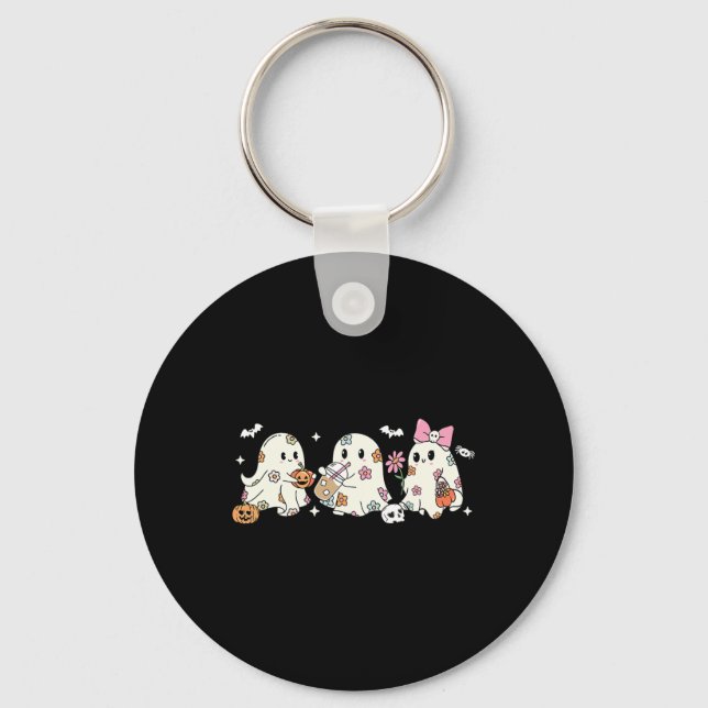Cute Floral Ghost Drinking Coffee Halloween Ghost  Key Ring (Front)