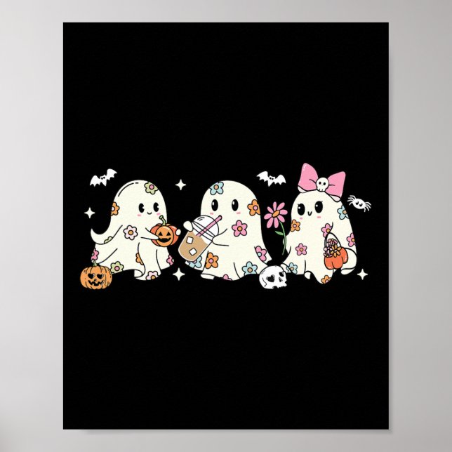 Cute Floral Ghost Drinking Coffee Halloween Ghost  Poster (Front)