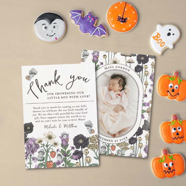 Cute Floral Ghost Halloween Baby Shower Thank You  (Halloween Baby shower photo thank you cards)