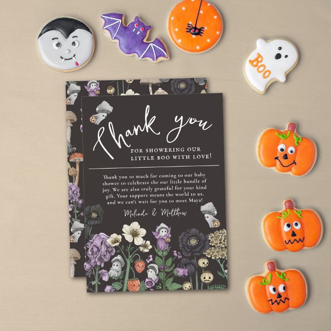 Cute Floral Ghost Halloween Baby Shower Thank You  (Black Halloween Baby Shower Thank you cards with mushroom ghosts and flowers. )
