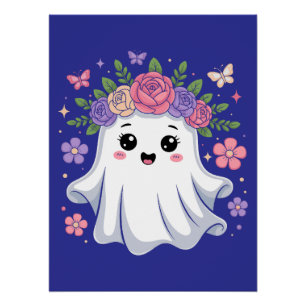 Cute Floral Ghost Kawaii Halloween Ghost Poster